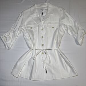 NWT Calvin Klein Linen Blend Ivory Roll Tab Sleeve Button Shirt Jacket M $140